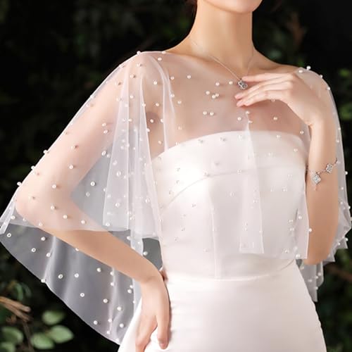 NICENEEDED Wedding Bridal Shawl, White Faux Pearl Cloaks, Soft Tulle Capelet Beaded Cover Up, Evening Dress Shawl Prom Party Accessories for Women2