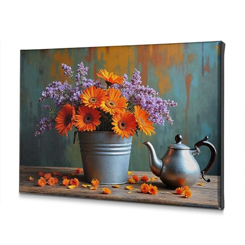 Toile décorative salon fleurs et théière 20x30 cm pour habiller un mur