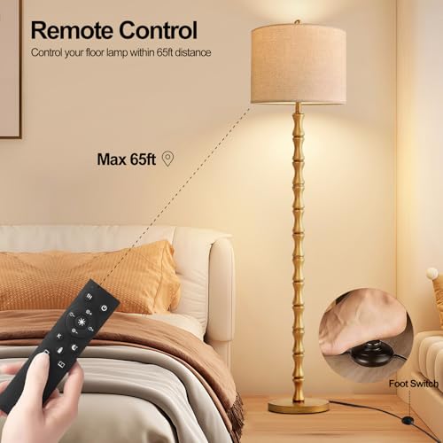 Image of Wood Floor Lamps for Living Room Rustic Floor Lamp with Remote Control & 3 Color Temperature,Dimmable Floor Lamp Gold Mid Century Modern Standing Lamp Tall Farmhouse Floor Lamp For Bedroom Corner