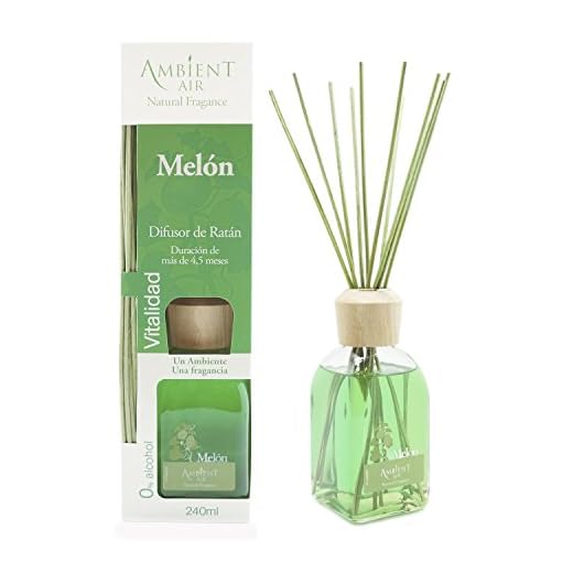 Ambientair Classic. Difusor de varillas perfumadas. Ambientador Mikado aroma Melón. Difusor 240 ml con palitos de ratán. Ambientador para Hogar sin alcohol.