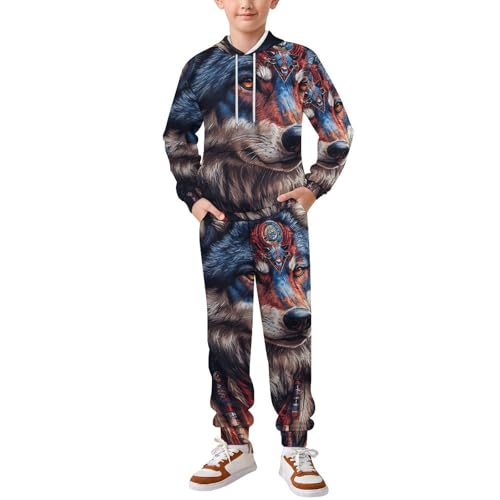 Boys Girls Pullover Hoodie Jogger Pants Kid Outfit Sweatshirt Sweatpants Set, Native American Wolf Spirit