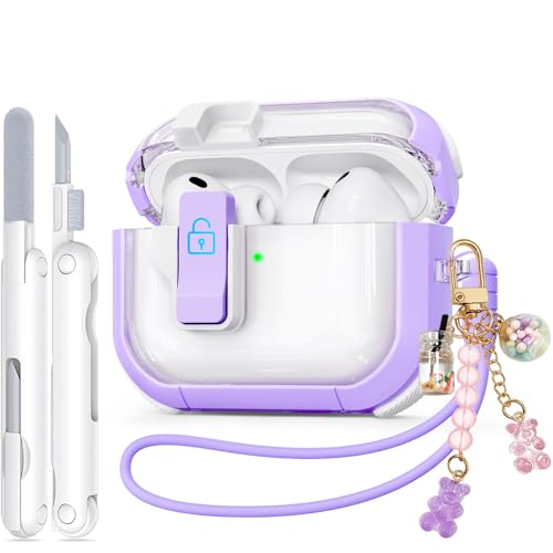 Image of Safety Lock for AirPods Pro 3 Case Clear, Ekoonpft Anti-Yellowing Case Cover for Apple AirPods Pro 3rd Gen 2025, with Cleaner, Keychain & Silicone Strap & Bear Charms for Women Girly, Purple