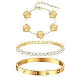 Womens Stackable Floral Gold Bracelets - 3Pcs 18K Gold Plated Bracelet,Stainless Steel Bangle Bracelets Non Tarnish, Bracelet Set Trendy Jewelry,Christmas Valentines Birthday Gifts for Girlfriend