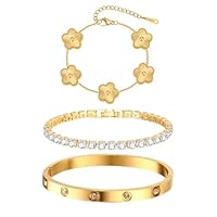 Womens Stackable Floral Gold Bracelets - 3Pcs 18K Gold Plated Bracelet,Stainless Steel Bangle Bracelets Non Tarnish, Bracelet Set Trendy Jewelry,Christmas Valentines Birthday Gifts for Girlfriend