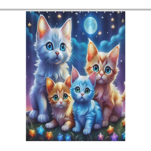 Rideau de douche chat mignon 140x183cm imperméable lavable avec 12 anneaux - 7
