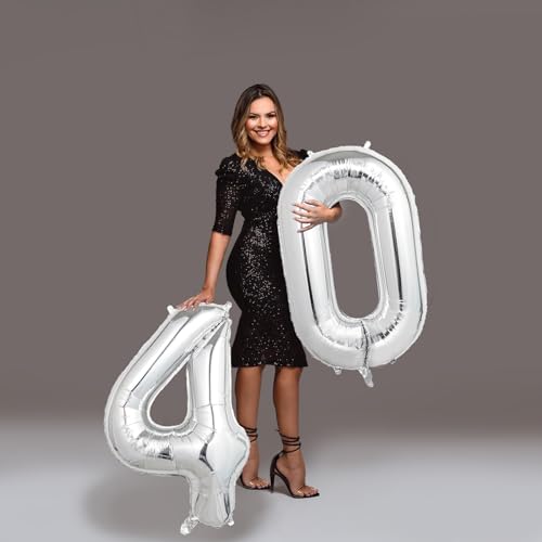 Image of Number Balloons Silver Party Balloon - Giant Number 40 Balloon, 40 Inch Large Balloon for 40th Birthday Decorations, Silver Party Supplies for Anniversary