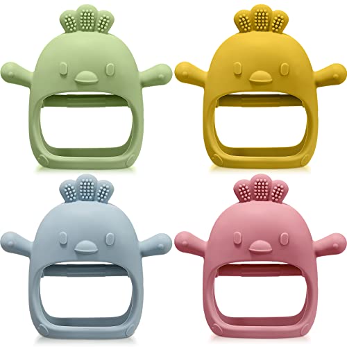 4 Packs Baby Teething Toy Silicone Teething Toys for Babies 0-6 Months Anti Dropping Wrist Hand Teethers Mitten Chick Baby Chew for Sucking Needs