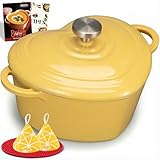 Overmont Forno holandês de ferro fundido esmaltado - Panela em forma de coração de 2 litros com tampa livro de receitas e suportes de panela de algodão - Mini forno de panelas seguro para 260 °C para