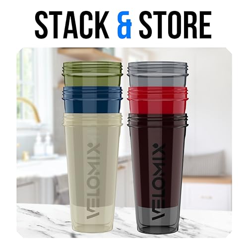 Image of VELOMIX -6 PACK- 28 oz Protein Shaker Bottle for Protein Mixes - 6x Wire Whisk | Leak Proof Shaker Cups for Protein Shakes | Protein Shaker Bottle Pack | Protein Shake Cup (Stealth Edition)