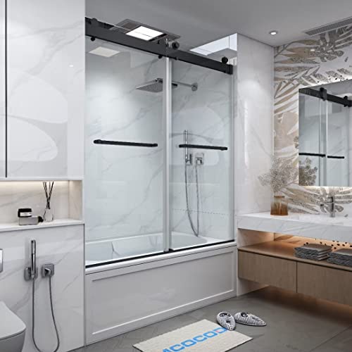 Mcocod Bathtub Shower Doors Frameless Double Sliding 56-60" W X 60" H With Soft Closing System 3/8"(10Mm) Clear Tempered Sgcc Shatterproof Glass Width Adjustable - Matte Black #TOP1