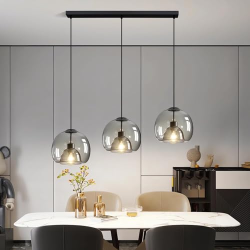 Lámpara de Techo Colgante Vidrio, E27 3 Luces Lámpara Colgante Mesa de Comedor Vintage, Pantalla de Vidrio Negro Transparente, Altura Ajustable, Iluminación Colgante para Cocina Dormitorio Cafetería