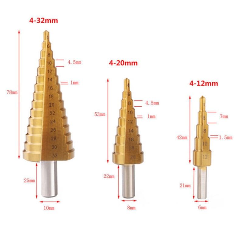 Juego de brocas escalonadas, 3 piezas, acero HSS, cortador de agujeros cónicos, tamaño múltiple, 4-12 mm, 4-20 mm, 4-32 mm, herramienta de biselado para acero, latón, madera, plástico, pistola