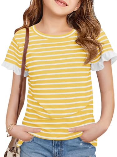 Image of Haloumoning Girls Striped Ruffle Short Sleeve T Shirts Kids Summer Crewneck Tops Casual Tees 5-14 Years