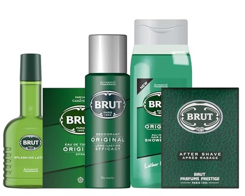 Brut Original Men's Fragrance Gift Set – Aftershave, Eau de Toilette, Deodorant, Splash-On Lotion & Hair & Body Wash – Long-Lasting Classic Scent, 5-Piece Set