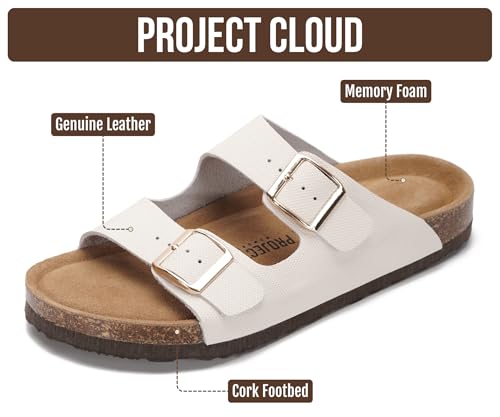 Image of Project Cloud 100% Genuine Leather Flat Sandals For Women 2026 Cork Footbed Womens Sandals with Memory Foam and arch support Vacation Essentials Slides for Women Footwear (Venita)