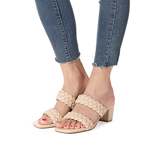 N.n.g Women Heels Sandals Block Braided Cream Size 8 Low Wovem Chunky Summer Leather Comfort Square Toes Strappy Dress Casual #TOP2