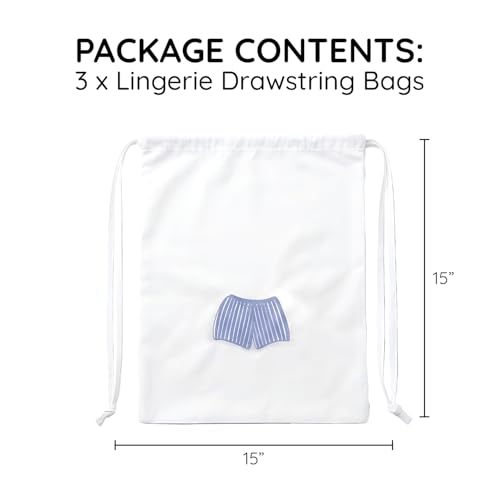 Image of Lingerie Drawstring Bags Set of 3, 15x15 inch, 100% Pure Cotton, Blue Embroidery Pattern Pouch for Underwear, Swimwear, Travel Storage, Washable Beach Bags for Men (White)