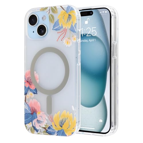 Coque iPhone 15 anti-chute et magnétique à motif floral jaune