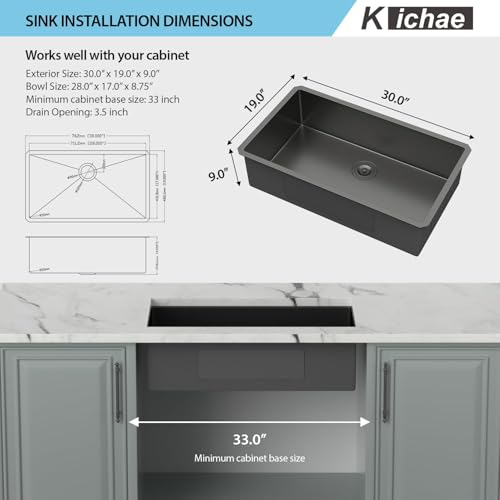 Kichae 30 Black Undermount Kitchen Sink - 30 inch Undermount Sink 18 Gauge Gunmetal Black Stainless Steel Deep Handmade Single Bowl Sink Basin