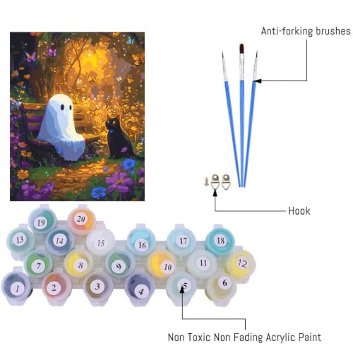 Image of Clendo Halloween Paint by Numbers Kit for Adults - Ghost and Cat Adult Paint by Number Kits on Canvas for Beginner, Oil Painting by Numbers Kit for Gift Home Wall Decor Without Frame 16x20 Inch
