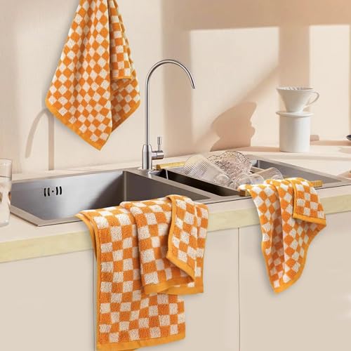 Image of Jacquotha Soft Hand Towels 4 Pack, Orange Checkered Kitchen Towels Set | Decorative Bathroom Fall Decor 13x29 Inches