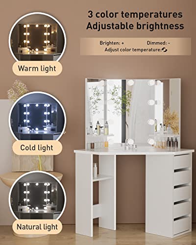 Likein Corner Makeup Vanity Desk With Mirror And Lights, Bedroom Vanity Table With Lighted Mirror 5 Drawers And Storage Shelf For Women Girls White #TOP2