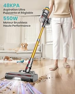 Aspirateur Balai sans Fil 550W/48kPa/70Min, 2.0L Aspirateur sans Fil Puissant avec Brosse Anti-Enmêlement Améliorée, Recharge Murale, Écran Tactile pour Poils d’Animaux Tapis Sols Durs et Voiture