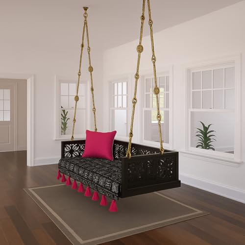 Image of Black Tribal Wooden Swing Seat Cover with Tassels | 2.5 Ft Indian Jhoola Bench Cover for Indoor Outdoor Swing | Solid Wood Swing Jhula Cover for Courtyard, Verandah, Balcony, Living Room Decor