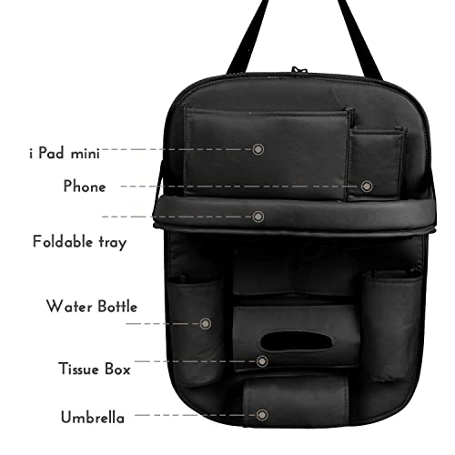 Image of Premium PU Leather Auto Car Back-Seat Organizer with Tray, Multi-pocket Storage, Tablet Holder, Bottle and Tissue Paper Holder, Mobile Holder and Tray for food