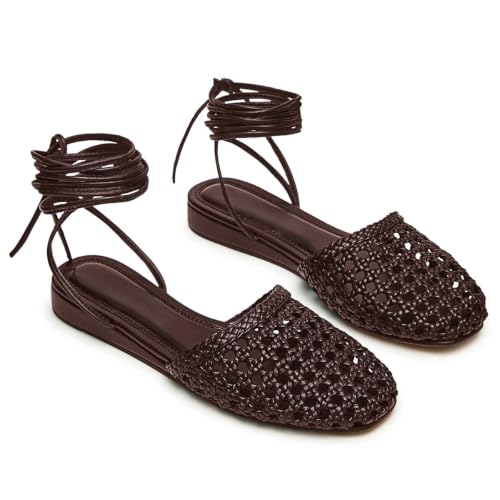 Image of Woven Ballet Flats for Women Lace Up Closed Square Toe Summer Sandals Dressy Shoes