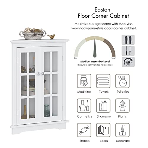 Spirich Home Bathroom Corner Storage Cabinet, Floor Display Storage Cabinet With Windowpane Glass Doors And Adjustable Shelves For Bathroom, Kitchen, Living Room Or Bedroom, White #TOP3