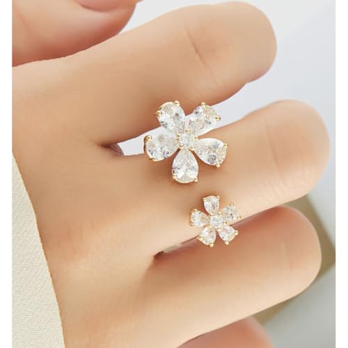 Kokoma Double Flower CZ Ring for Women Gold Plated Floral Open Statement Ring Wedding Band Promise Engagement Rings Wrap Finger Rings Fashion Jewelry3