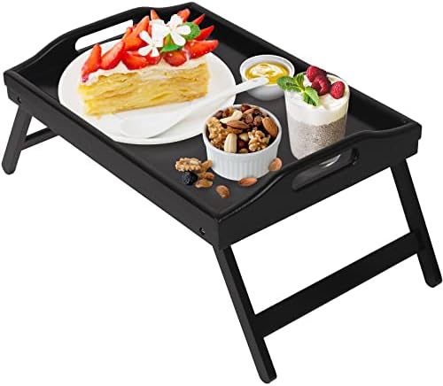 Breakfast Tray Table with Folding Legs Serving Tray (Black Medium)