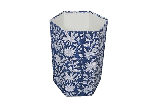 Image of 3.3 Gallon Cotton Hand Block Printed Paper Waste Basket |Small Decorative Trash Can for Housewarming Gifts in Living Room, Bedroom, Bathroom | Eco-Friendly, Plastic-Free (1, Blue White FLOWAR)