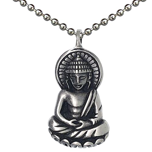 Theravada Mahayana Zen Thai Amida Buddha Buddhism Hinduism Protection Amulet Wealth Money Lucky Charm Prosperity Longevity Safe Travel Talisman pewter unisex men's pendant necklace W Silver Ball Chain
