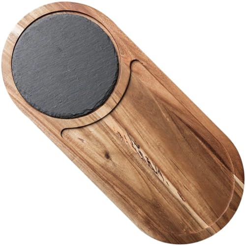 Tabla De Servir De Madera con Pizarra, Plato De Pizza De Madera De Pino, Bandeja De Madera Multiusos para Servir Queso, Plato De Pizarra para Carne Y Pan.