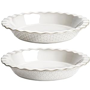 LE TAUCI Pie Pans for Baking 9 Inch, Ceramic Pie Plate for Apple Pie, Round Baking Dish Oven Safe, Embossment Housewarming Wedding Gift – 36 OZ, Set of 2, Fireworks + Honey Comb, Arctic White