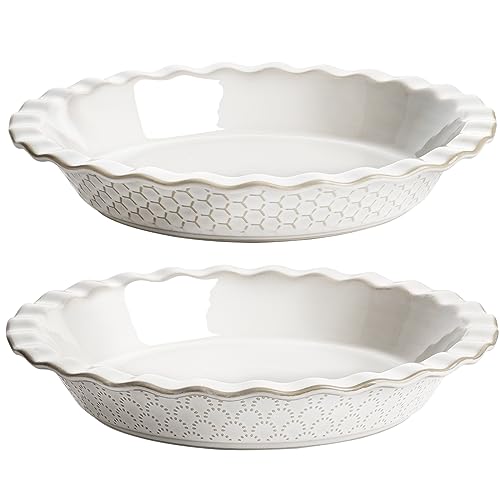 LE TAUCI Pie Pans for Baking 9 Inch, Ceramic Pie Plate for Apple Pie, Round Baking Dish Oven Safe, Embossment Housewarming Wedding Gift – 36 OZ, Set of 2, Fireworks + Honey Comb, Arctic White