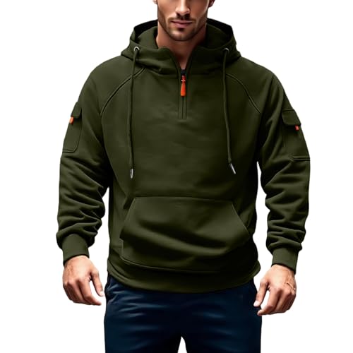Tactical Hoodies for Men Quarter Zip Drawstring Pullover Cargo Hoodie Comfy Fleece Hooded Sweatshirt with Pockets2