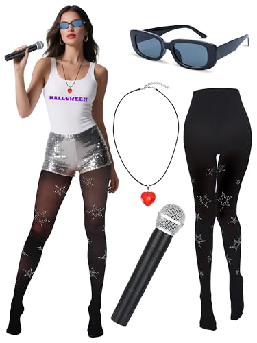 VioraWhite 4 Pcs Halloween Pop Singer Costume Accessories for Women Music Singer Concert Outfit Include Punk Rhinestone Stocking Heart Necklace Sunglasses Microphone Prop for Halloween Costume