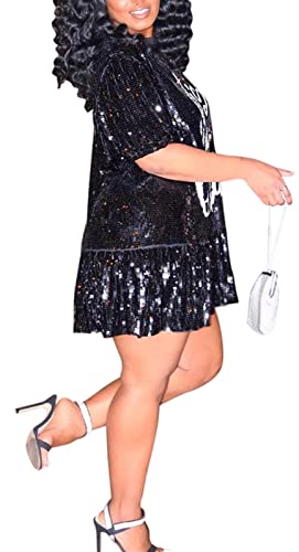 ENOPINK Womens Sequin Glitter Shirt Dress - Sexy Floral Letter Print 3/4 Sleeve Mini Dresses for Party Club2