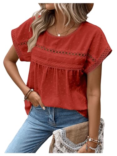 SweatyRocks Women's Casual Short Sleeve Summer Top Round Neck Lace Crochet Blouse Swiss Dots Blouse Tops