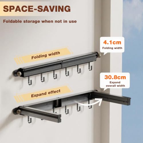 Image of HASTHIP Folding Clothes Drying Stand Wall Mounted - 30.8x70cm Dual Row Foldable Clothes Drying Rack with 6 Hooks Cloth Stands for Dry Cloth Foldable Hanger Suitable for Bathroom or Balcony Use