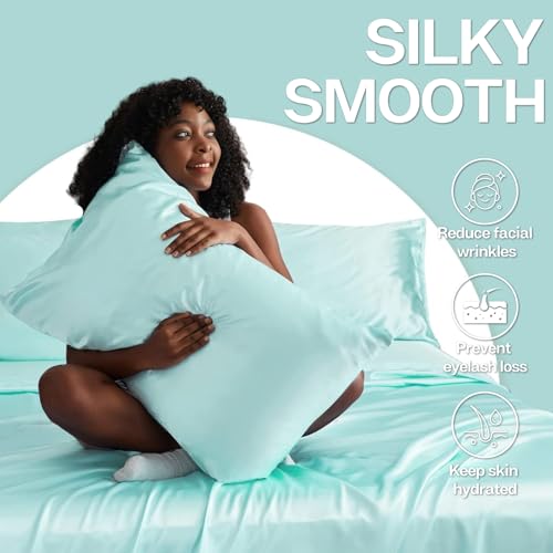 Image of MR&HM Satin Pillowcase for Hair and Skin, Silk Satin Pillowcase 2 Pack, Standard Size Pillow Cases Set of 2, Silky Pillow Cover with Envelope Closure (20x26, Turquoise)