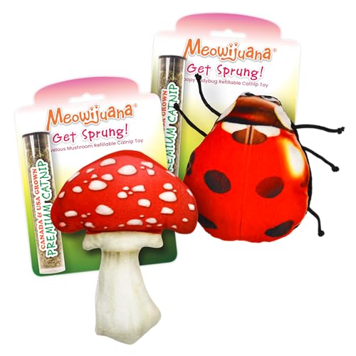 Meowijuana | Get Sprung Refillable Ladybug and Mushroom Cat Toys | Includes North American Organic Catnip | Promotes Play and Cat Health