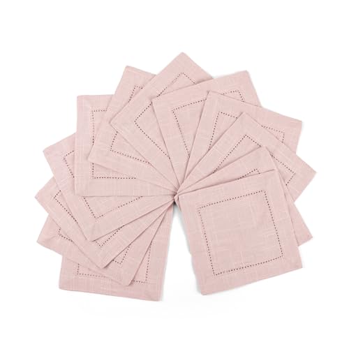 Image of Fingercraft Cotton Cocktail Napkins 6x6 Inches - Set of 12 Reusable Cloth Beverage Coasters with Elegant Ladder Hemstitch - Perfect for Parties, Bars & Home Use (Pink Slub)