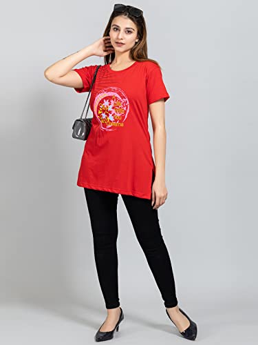 Image of Magknit Fancy Printed Both Side Cut Cotton Blend Half Sleeves and Lightwiegt Trendy Summer Long T Shirt for Women