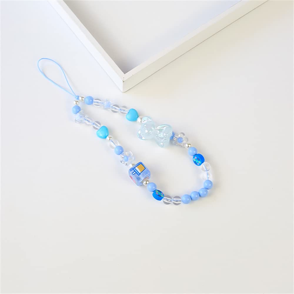 Beaded Kawaii Bear Phone Charm Lanyard Wristband Colorful Flower Charm Anti-Loss Chain Accessories Sweet Gift-C Blue