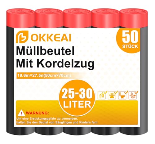 OKKEAI Müllsäcke 25L mit Zugband 50 Stück Reißfeste & Dicke Mülltüten (Schwarz) für Abfallbehälter Passend für 25/30L Müllbeutel