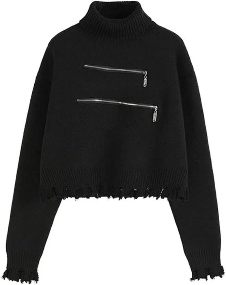 Suéter corto de cuello alto y manga larga para mujer, informal, cálido, holgado, cuello alto, cremallera, dobladillo con borlas, suéter de punto para otoño e invierno, Negro, S